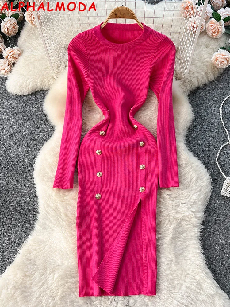 

ALPHALMODA 2022 Autumn New Double Breasted Women Split Dress Long-sleeved Knitted Stretchy Trendy Women Winter Dress