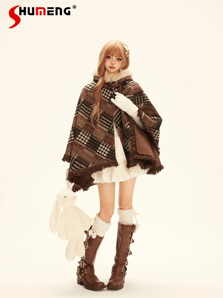 Japanese Style Sweet Retro Brown Plaid Cloak Jacket Plush Hooded Tassel Loose Versatile Sleeveless Shawl Capes Top Women Winter