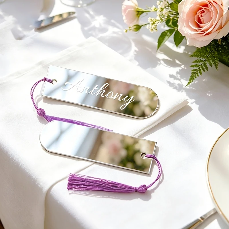 Blank Mirror Acrylic Place Card with Purple Tassel, DIY Handwritten Name Plate Wedding Banquet Table Setting Gift Tags Decor