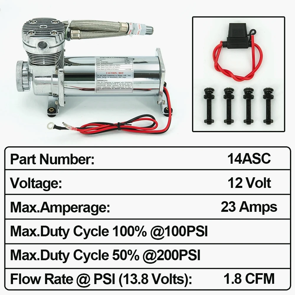 PL-Kit  bomba  compresor  suspensión neumática, Universal 3/8NPT 1/4NPT 200PSI 480C 12V, Cromo/negro