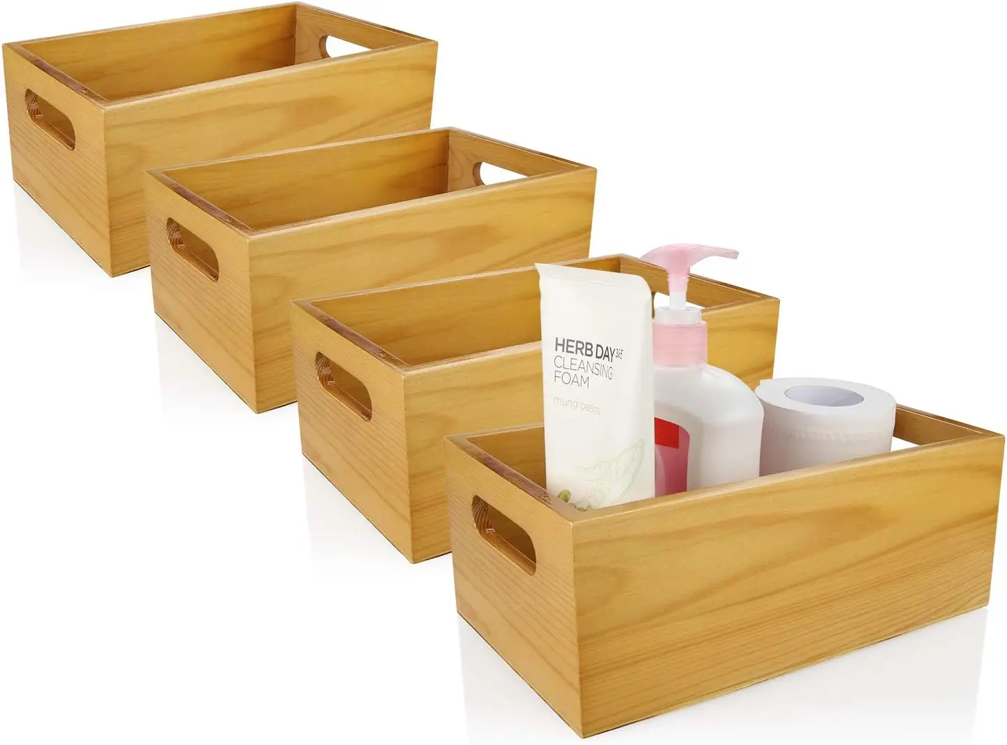 A Selected Pine Wood Organizer Open Box 4 Packs, 6x10 Wooden Storage Container with Handle for Bathroom and Kitchen