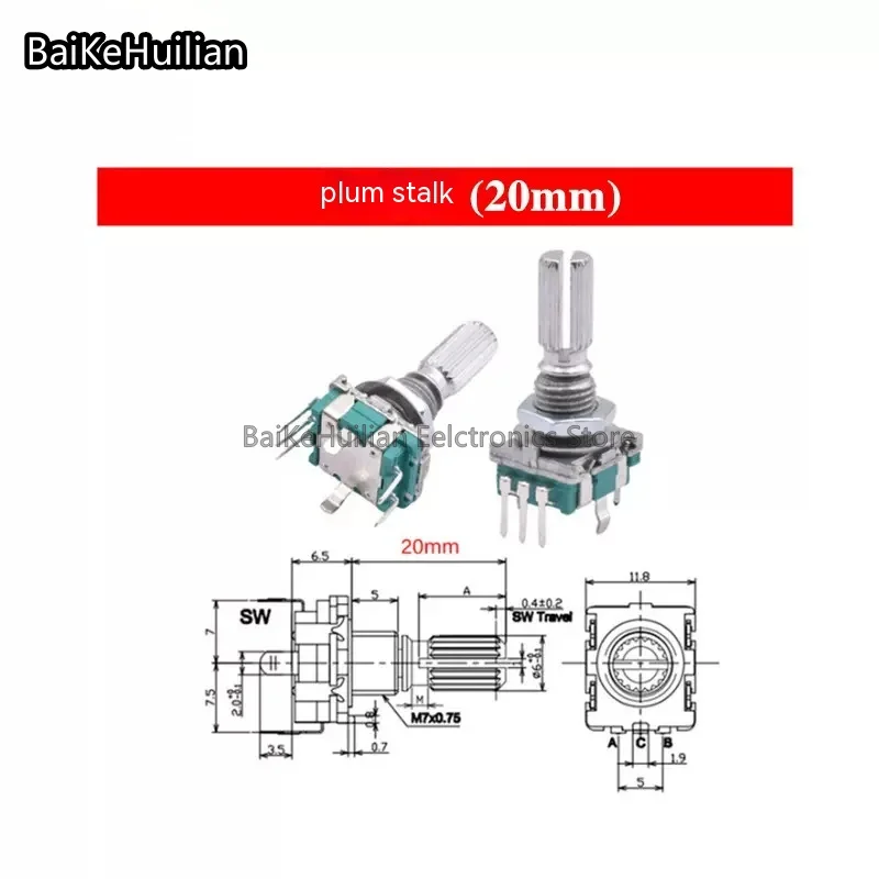 Codificador rotativo EC11, interruptor de codificación, potenciómetro digital, 15/20mm, flor de ciruelo, medio eje, 5 pines, 100 unidades por lote