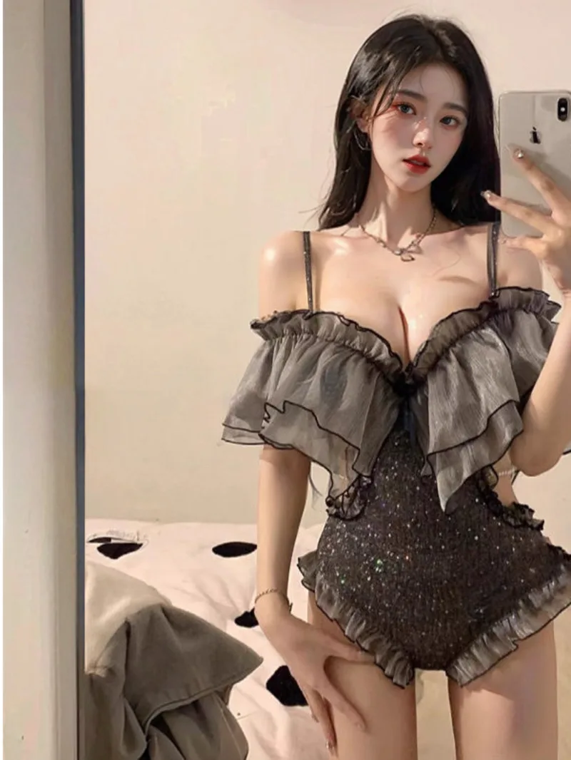 

Exotic Summer Fashion Women's Clothing New Sweet and Fresh Girl Beach Style Ruffle Mesh Perspective Ruffle Tight jumpsuit M1DW