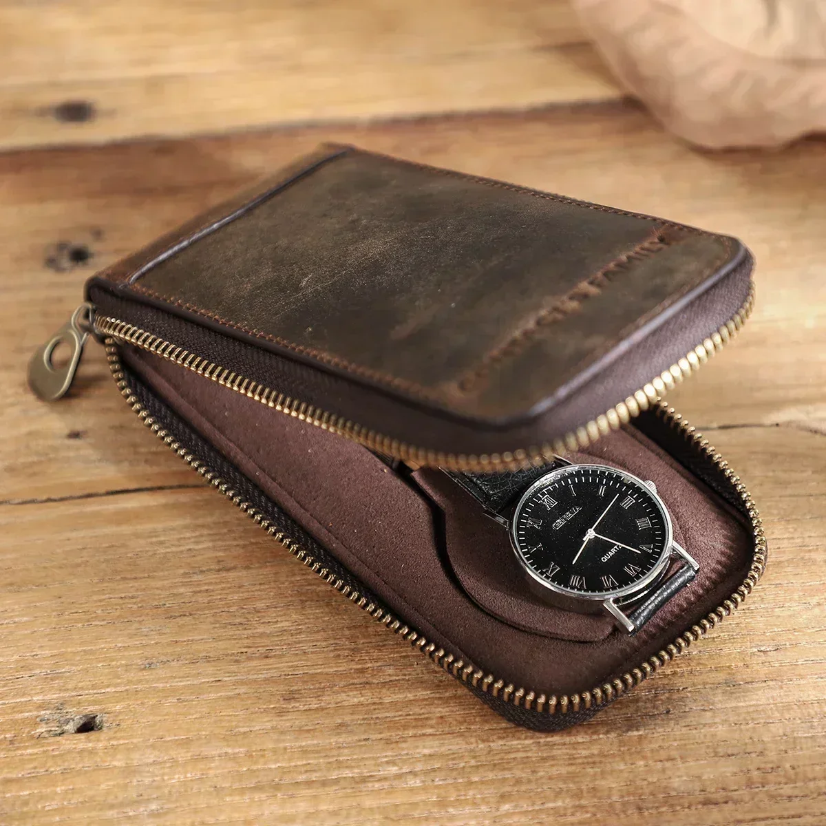 e-BUW3 FAMILY Zippered Watch Storage Box Nubuck Leather Holder Men Carrying  Case Organizer Pouch