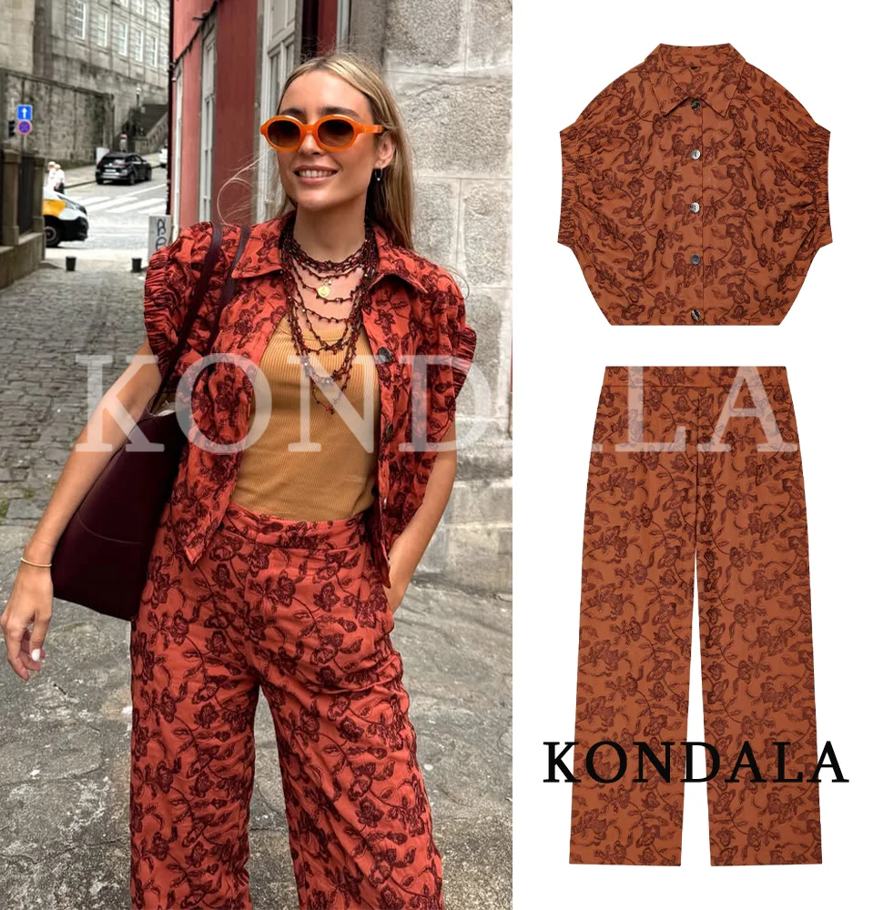 KONDALA Damen 2026 Sommerurlaub Stickerei-Set Street Style Vintage Boho Hosen-Set Elegantes Stretch-Manschetten-Weste-Hemd, Hose – Detail 4