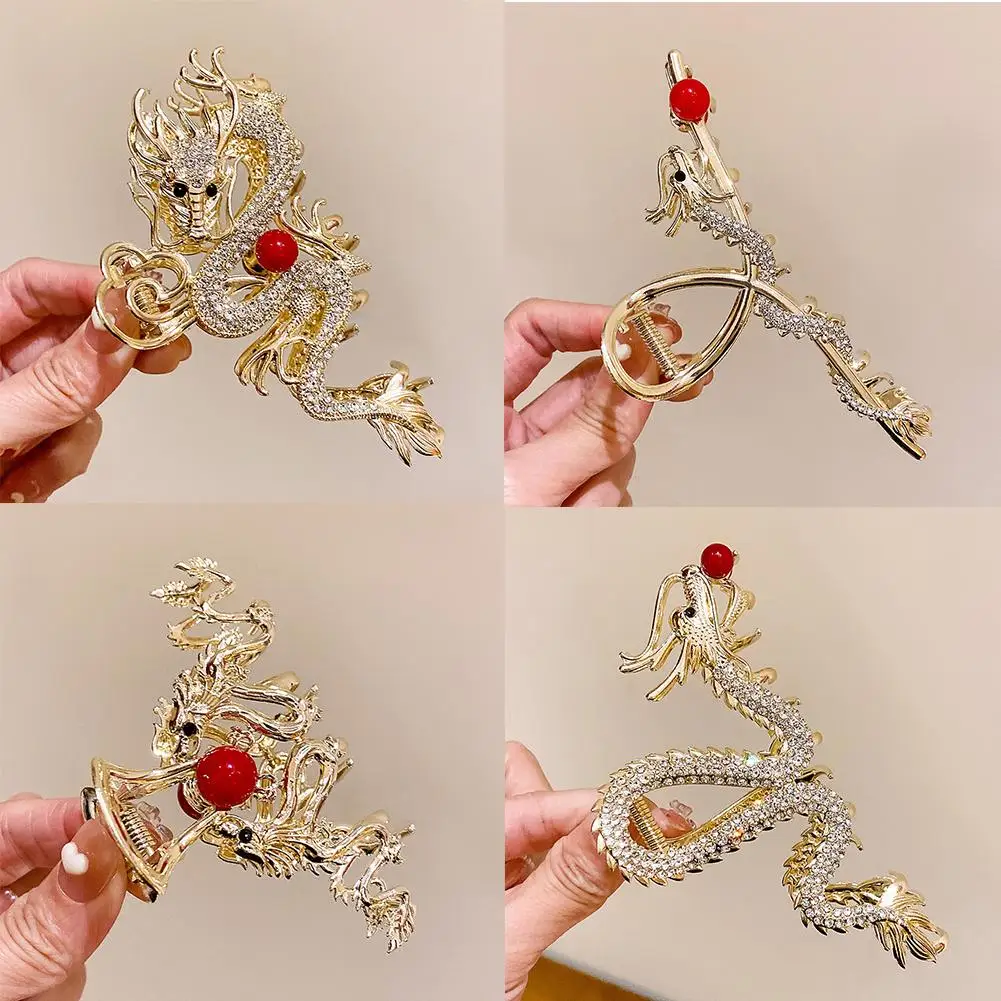 2024 New Chinese Style Dragon Year Hair Clips For Women Red Bead Rhinestone Shark Clip Noble Elegant Jewelry Hair Accessories