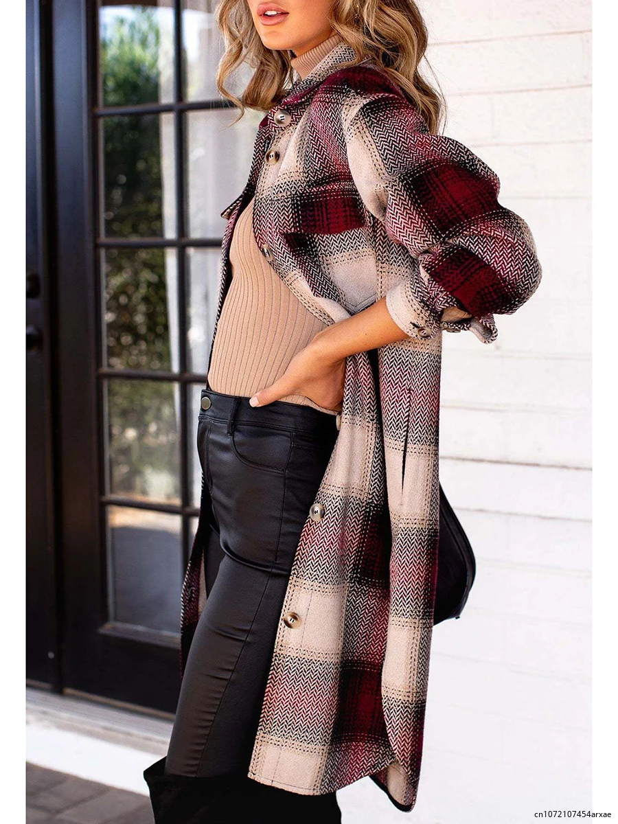 Women's Woolen Plaid Coat Lapel Collar Long Sleeve Buttons Contrast Color Lattice Long Jacket Garment Autumn Winter Overcoat