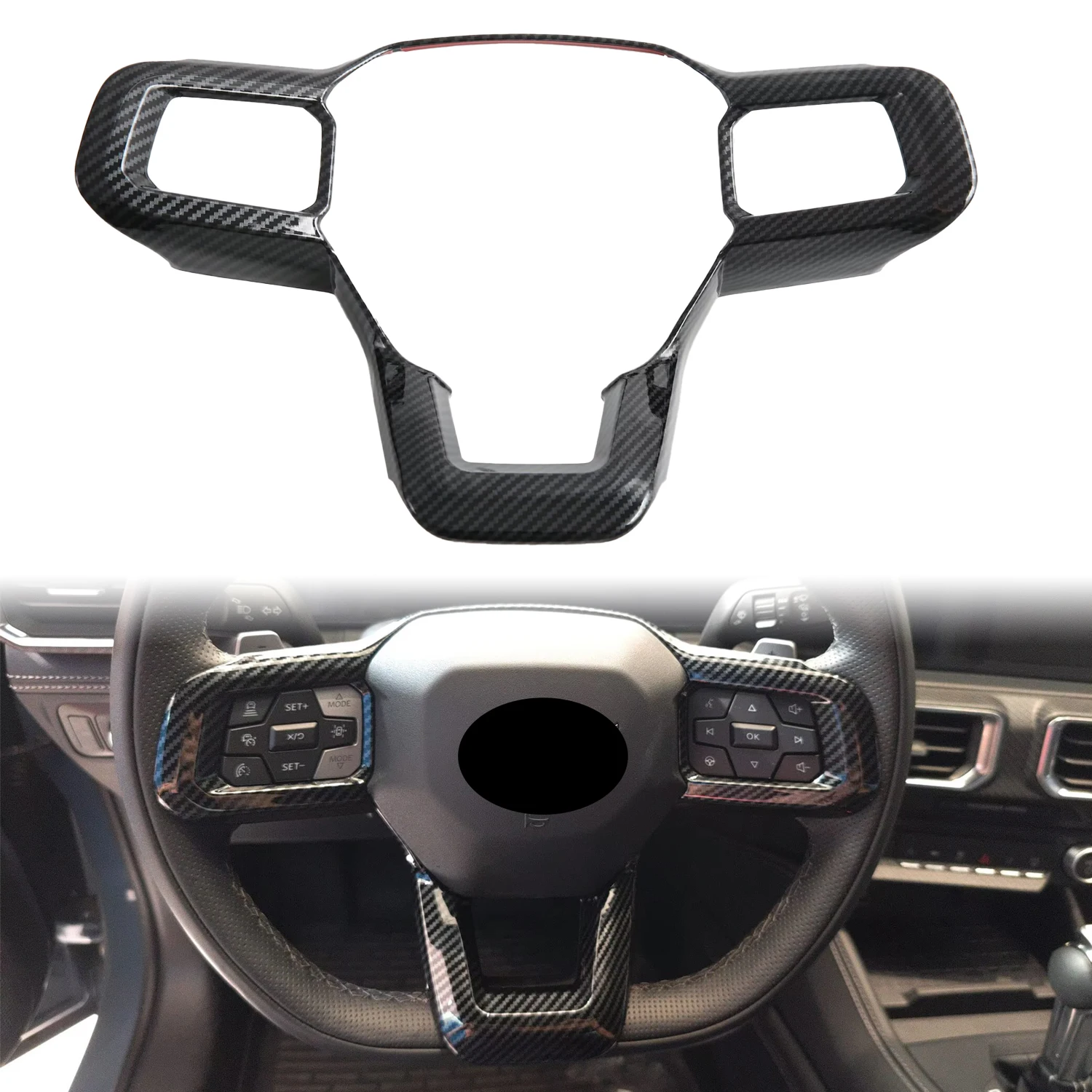 

For Ford Mustang 2024 2025 Car Interior Steering Wheel Cover Frame Trim ABS Carbon Fiber Grain 1pc