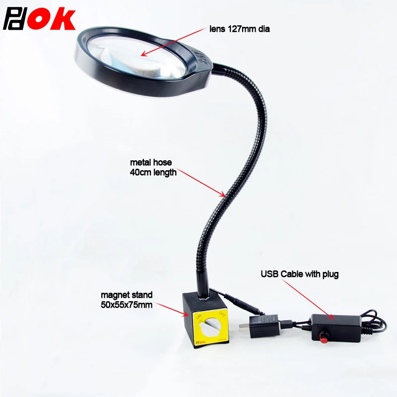 Magnet Magnifying Glass Lamp 3X 5X 8X 10X With Magnetic Base Stand 5‘’ Lens Magnifier Adjustable Led Light Machinery Magnet Tool