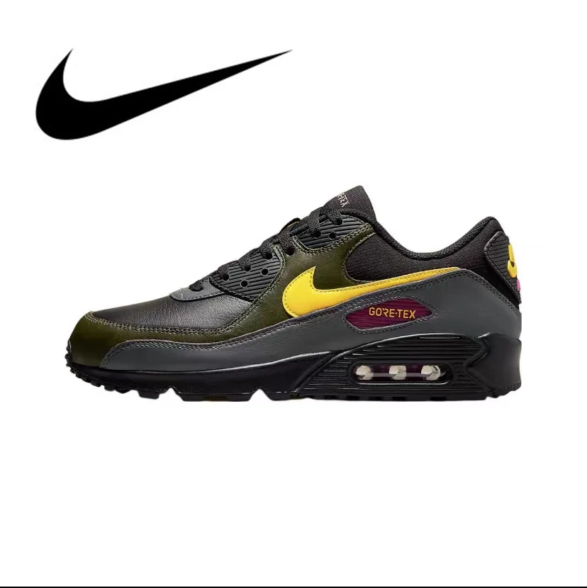 Original Nike Air Max 90 Vintage Men\'s Running Shoes Wear Resistant Shock Absorption Breathable Black Yellow Sneakers DJ9779-001