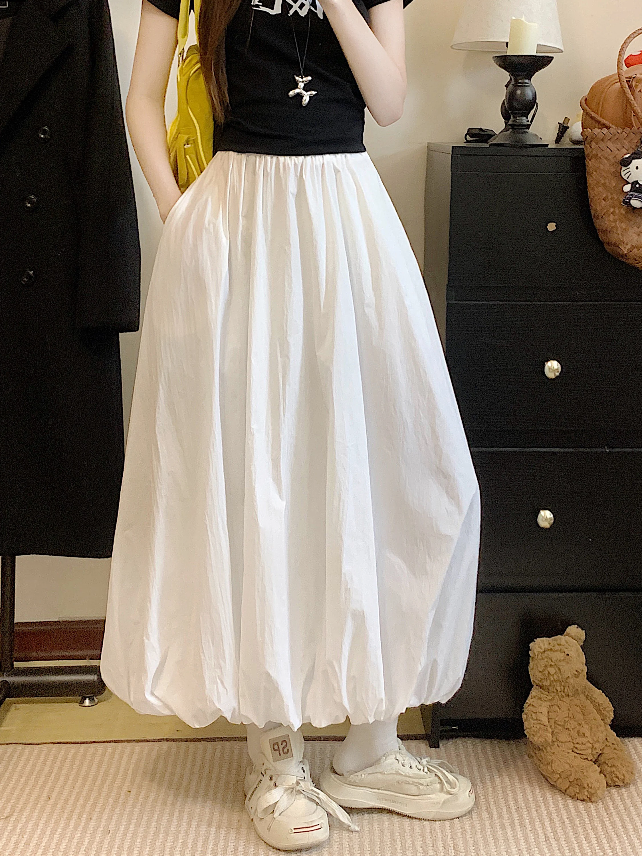 

White Puff Skirt Women's A-Line Midi Skirt Summer Slimming Pleated Flared Korean Sle High Waist Long Skirt Commute Wear