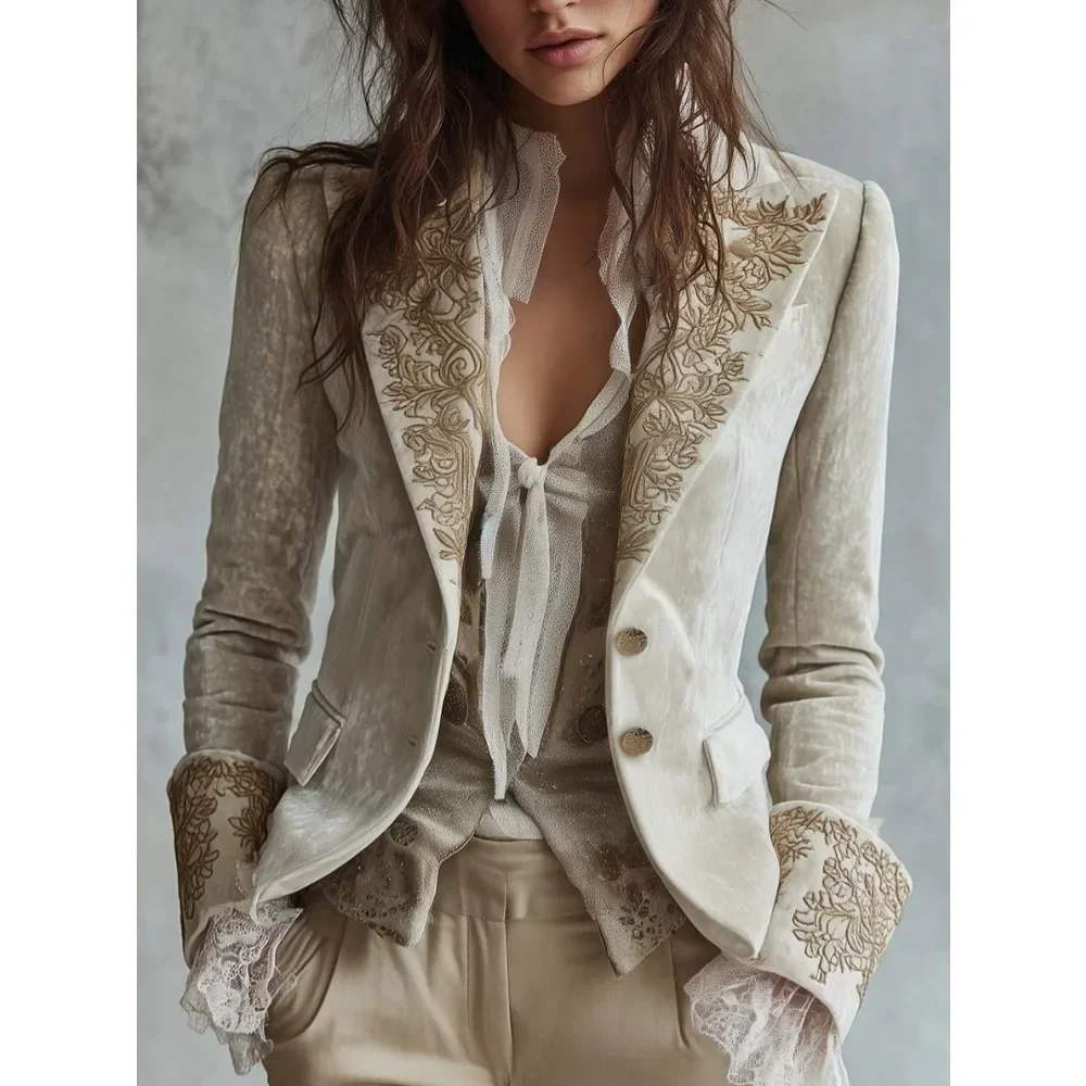 Women Velvet Flare Sleeve Notch Lapel Pocket Suit Blazer Jacket Long Sleeve European Retro Fashion Soft Breathable Flattering
