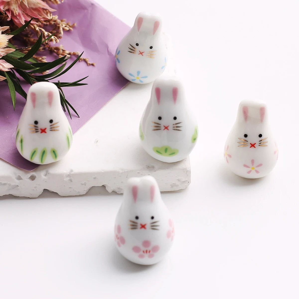 5/10pcs Random Color Hand Painted Floral Cartoon Rabbit Ceramic Loose Beads DIY Cute Style Handmade Bracelet Craft Supplies