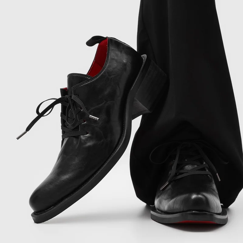 Black Thick Heel New Men Retro Derby Shoes with Lace Up Design for Height Enhancement Personalized Trendy Commuting