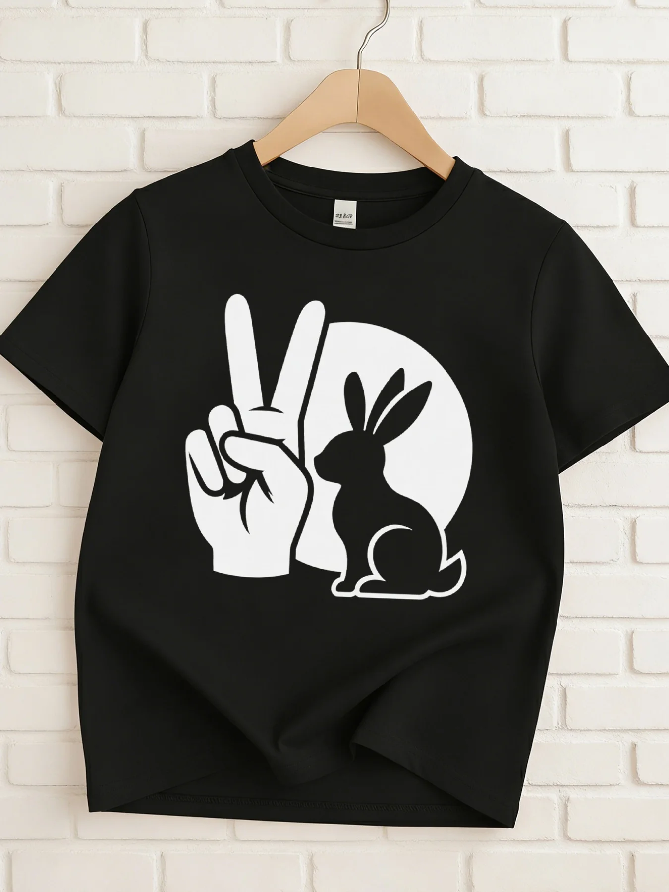 Kids Peace Hand Gesture Rabbit Silhouette Art Graphic Tee Boys Girls Family Matching Short Sleeve Cute Casual Everyday T Shirt