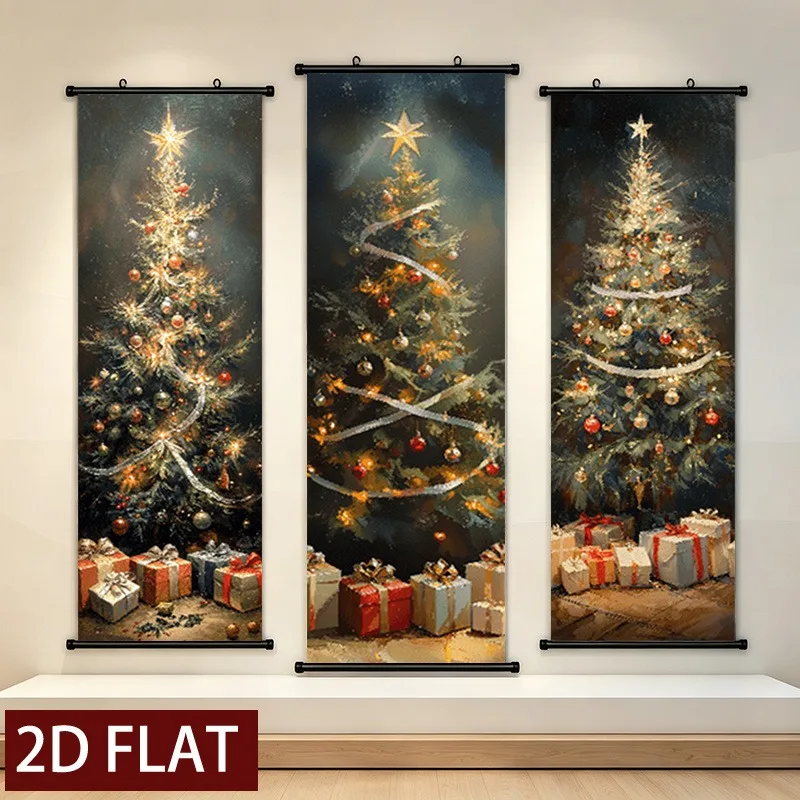 VIKAMA 3PCS Christmas Hanging Banner Set, Santa Reindeer Snowman Night Wall Tapestry for Xmas Bedroom Decor