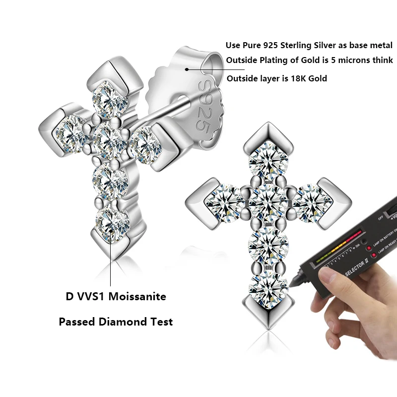 2024 New Unisex Full Iced Out Moissanite Religious Cross Earring Real Silver 925 Fine Women Jewelry Christmas Gifts