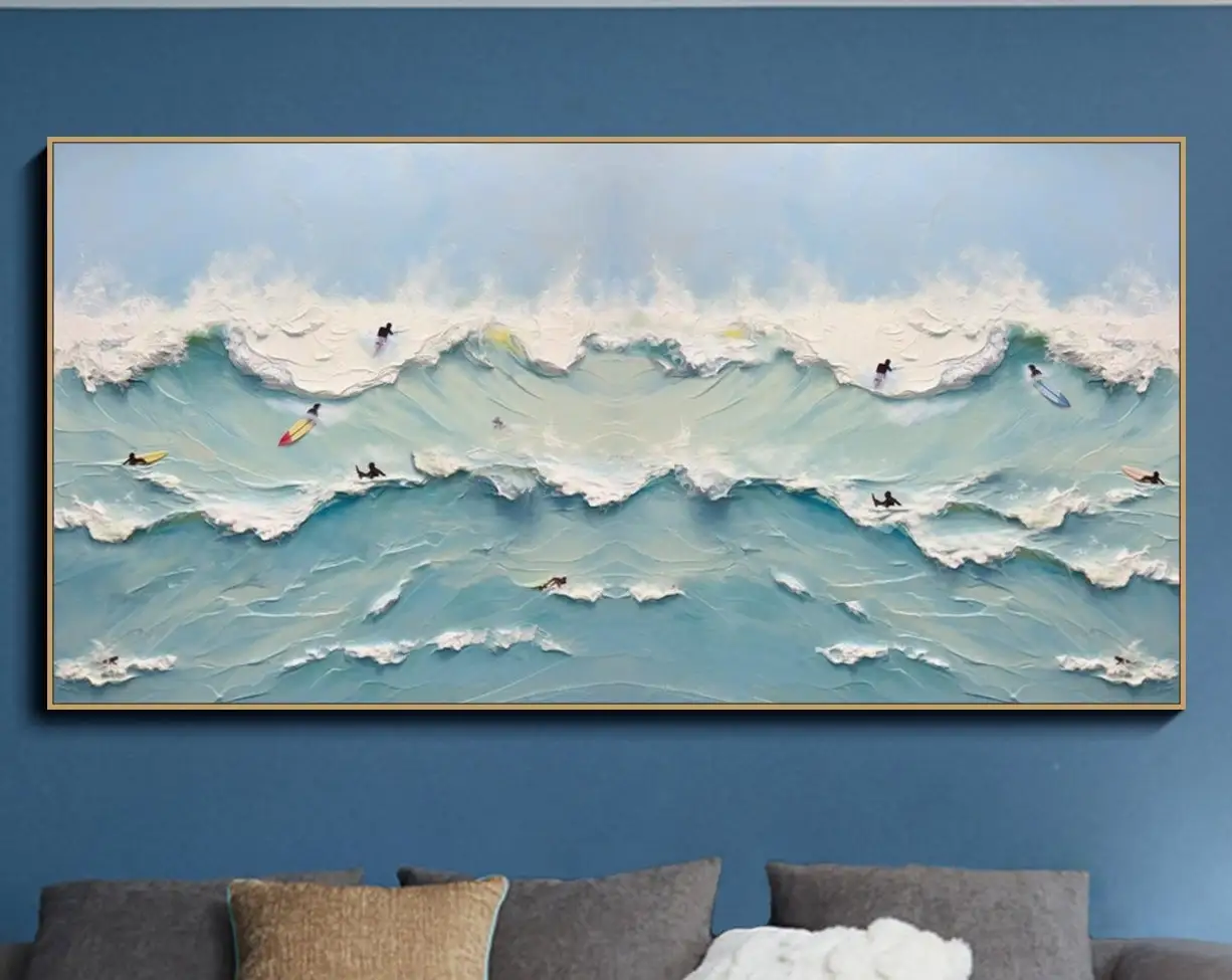 New abstract large size 100% handmade oil painting sea surfing cream wind texture painting for living room wall art  decoration