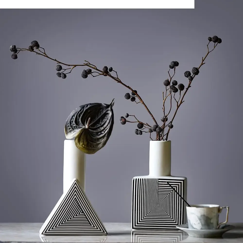 

#For Ceramic Vase Stripe Geometry Abstract Modern Home Decoration Accessories Flower Arrangement Black and White^