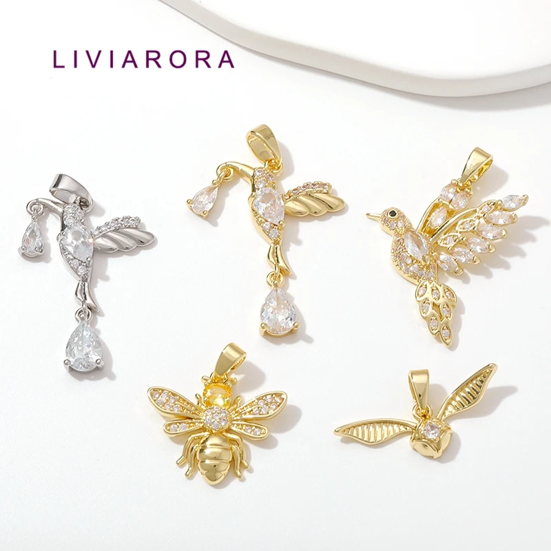 1Pc 18K Gold Plated Brass Hummingbird Bee Bird Pendant Charms Cubic Zirconia Teardrop Nature Insect Charms For Jewelry Making