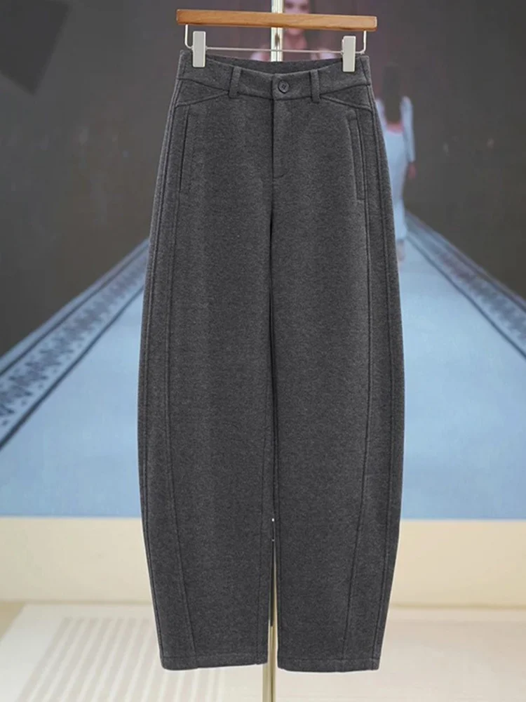 Calças Casuais de Perna Larga com Forro de Fleece para Mulheres, Cintura Alta, Corte Reto, Estilo Coreano, Detalhe Elegante