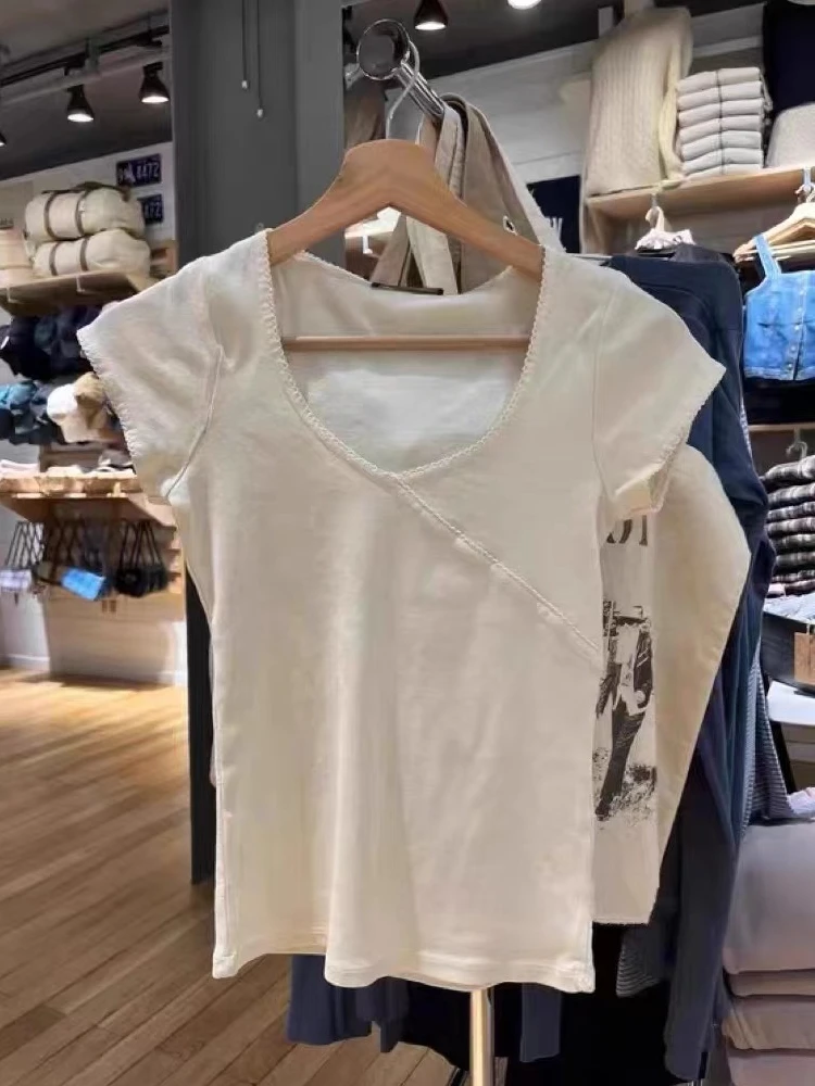 

Женская классическая футболка Slim Fit из чистого хлопка с коротким рукавом, американский стиль, вафельный узор, BM Hot Girl Top, летняя, с V-образным вырезом, базовая модель