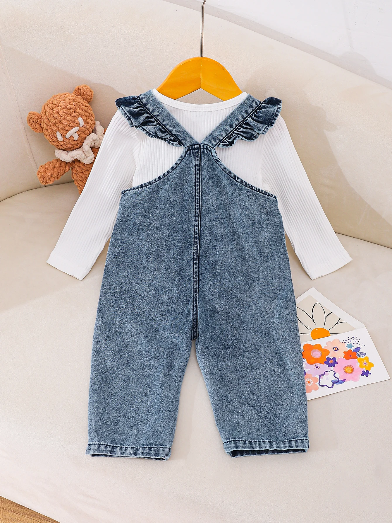 Autumn new cute teddy bear doll printed girls' denim overalls set