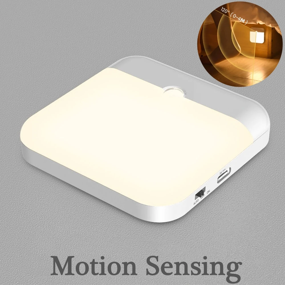 Motion Sensor Led Light Usb Carregamento Lâmpada Quadrada para Quarto Cozinha Stair Hallway Wardrobe Armário Iluminação