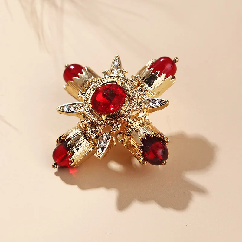 Baroque Red Rhinestone Cross Brooch Pin Metal Big Brooches for Women Vintage Pins Clothes Scarf Clip Jewelry