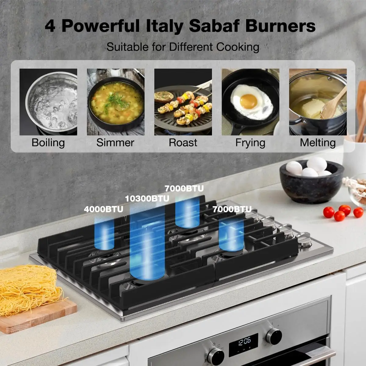 30 Inch Gas  with 4 Italy  Power Burners, Built In Gas Stove Top of 304 Stainless Steel, Gas Hob