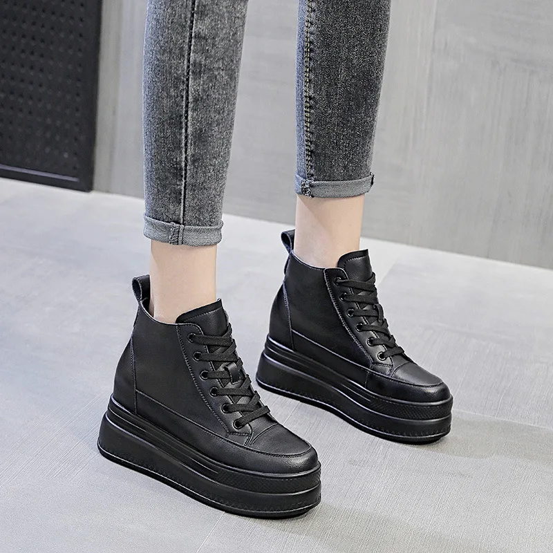 Fujin 9cm Genuine Leather Women Casual Shoes Chunky Sneakers Za Platform Wedge Hidden Heel Height High Top Women Vulcanized Shoe