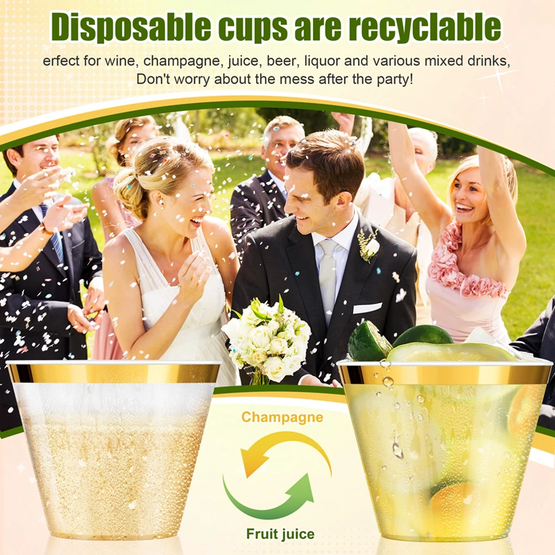 와인 잔 황금 플라스틱 컵 9 온스 일회용 컵 플라스틱 와인 잔 컵 파티를위한 투명 플라스틱 컵