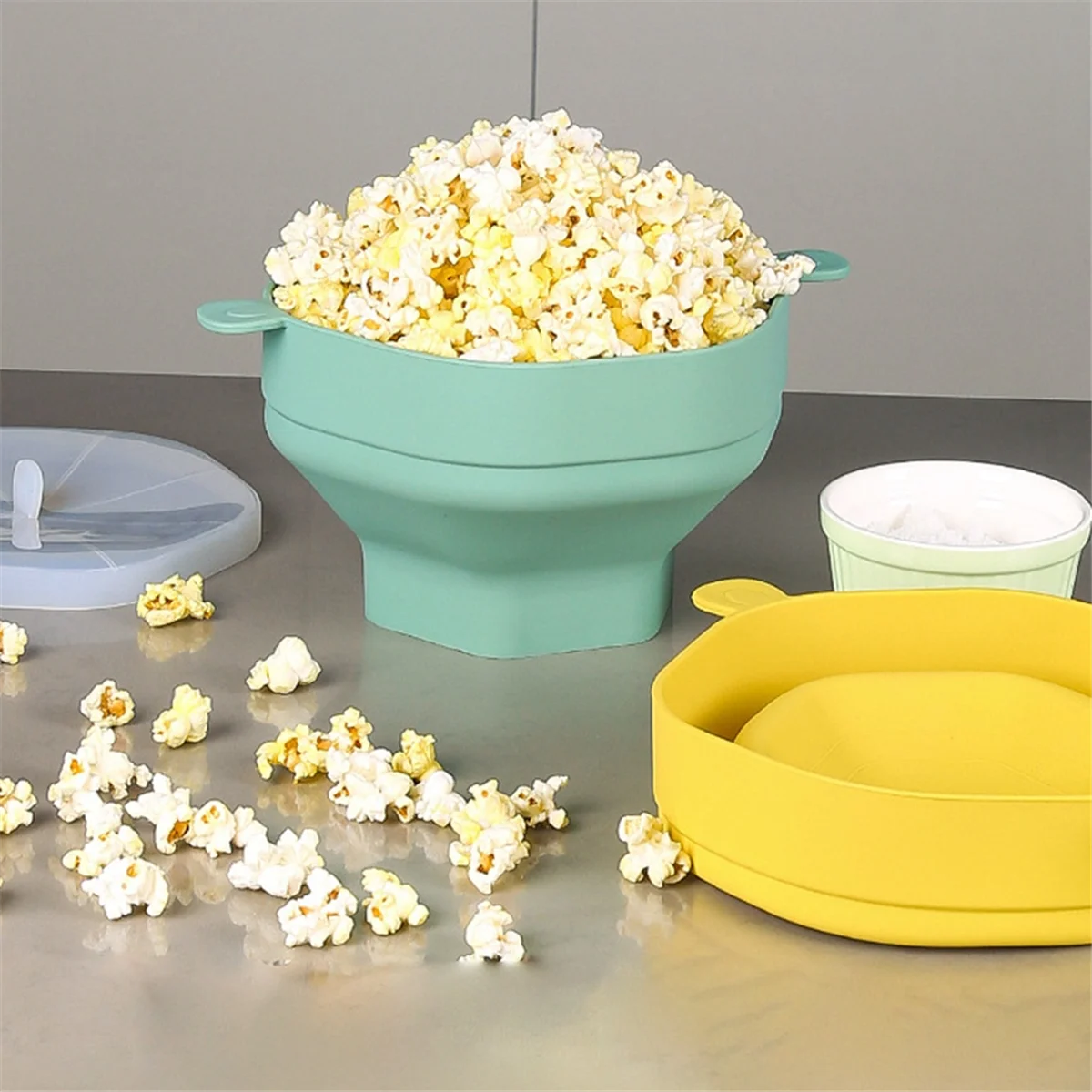 ซิลิโคนไมโครเวฟชามข้าวโพดคั่วแบบพับได้ PopCorn Maker ถังชามพร้อมฝาปิดพับ PopCorn ครัวเบเกอรี่เครื่องมือสีเทา