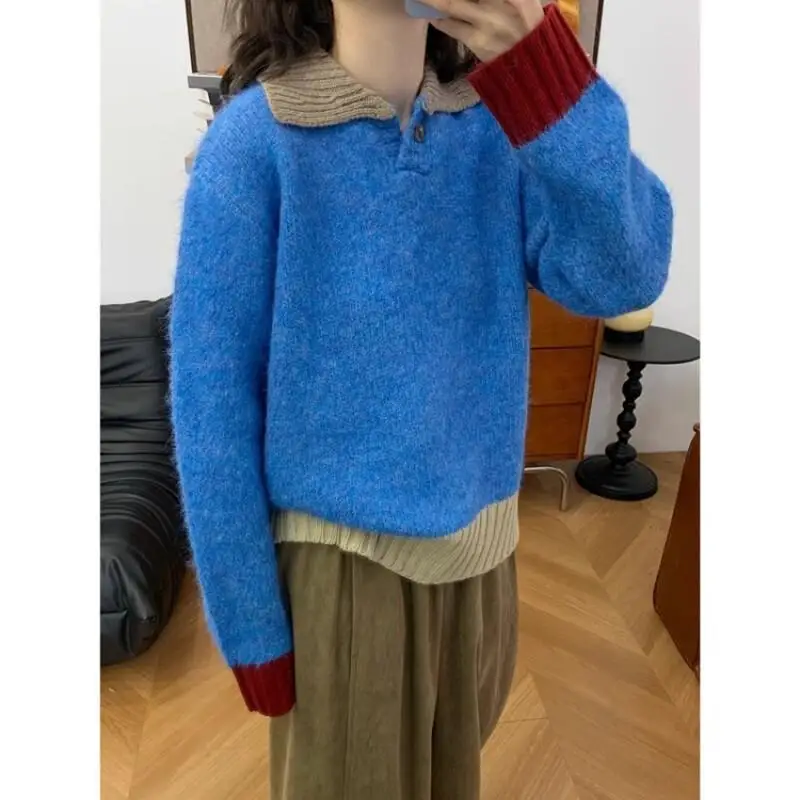 

New Women's Sweaters Girl Knitwear 2025 Autumn Winter Korean Color Lapel Soft Knit Pullover Ladies Blouse Trendy Fashion Tops