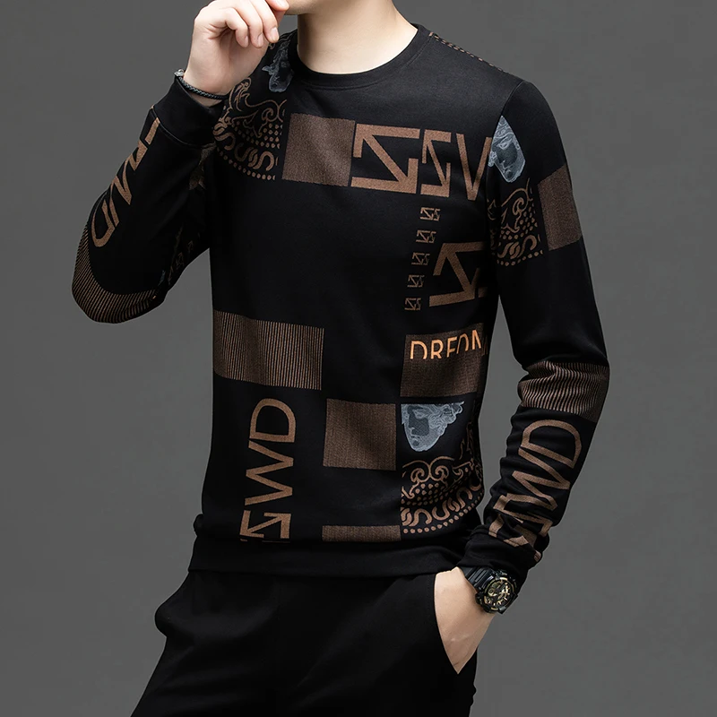 الجودة الأصلية الرجال س الرقبة تي شيرت رائعة رسالة الجاكار كم طويل الخريف تنوعا التنقل الرياضة ملابس رجالية غير رسمية #5