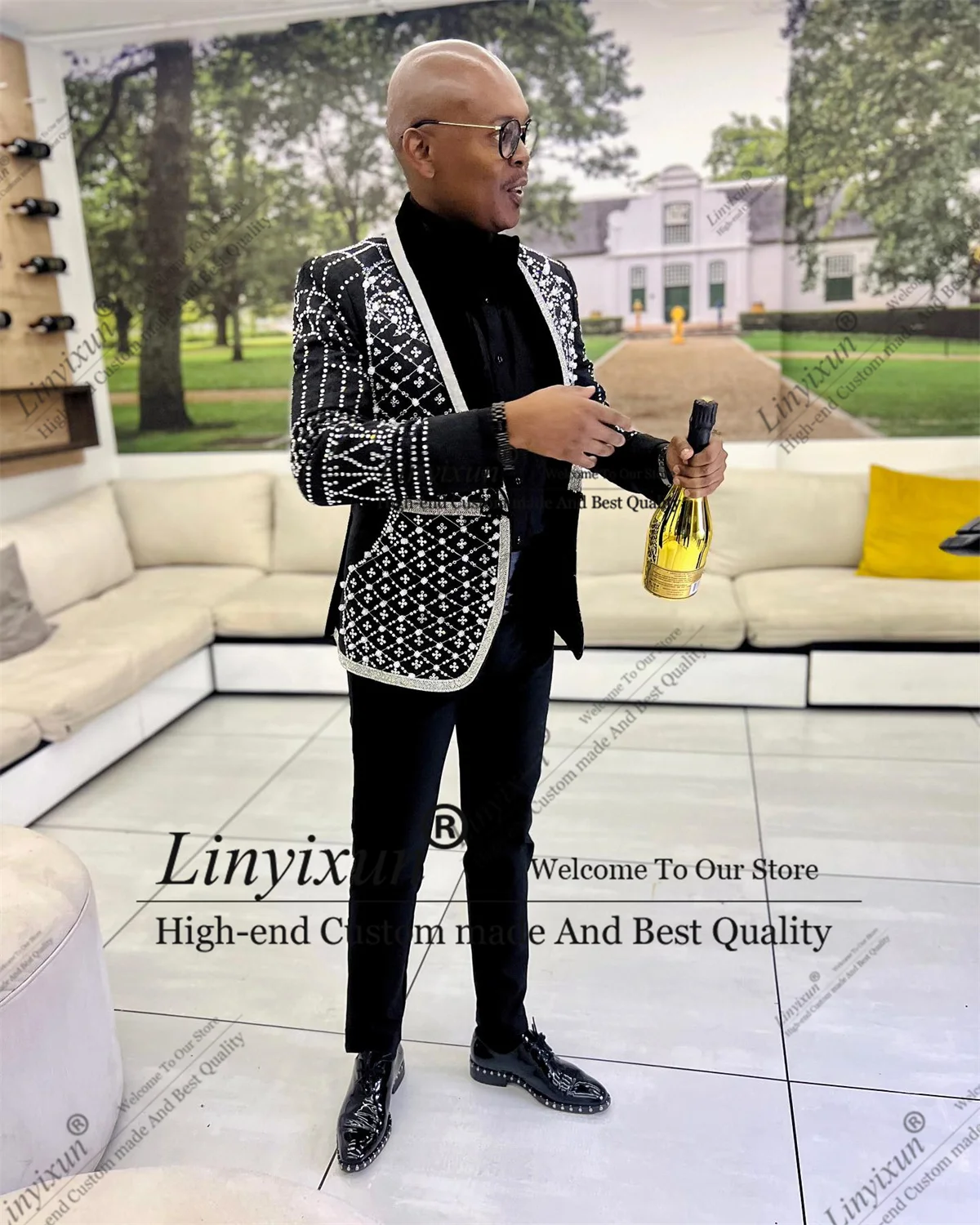 

Luxury Stone Embroidered Tuxedos Slim Fit Customized Crystals Party Costume Homme 2 Pieces Sets Wedding Groom Male Prom Blazers