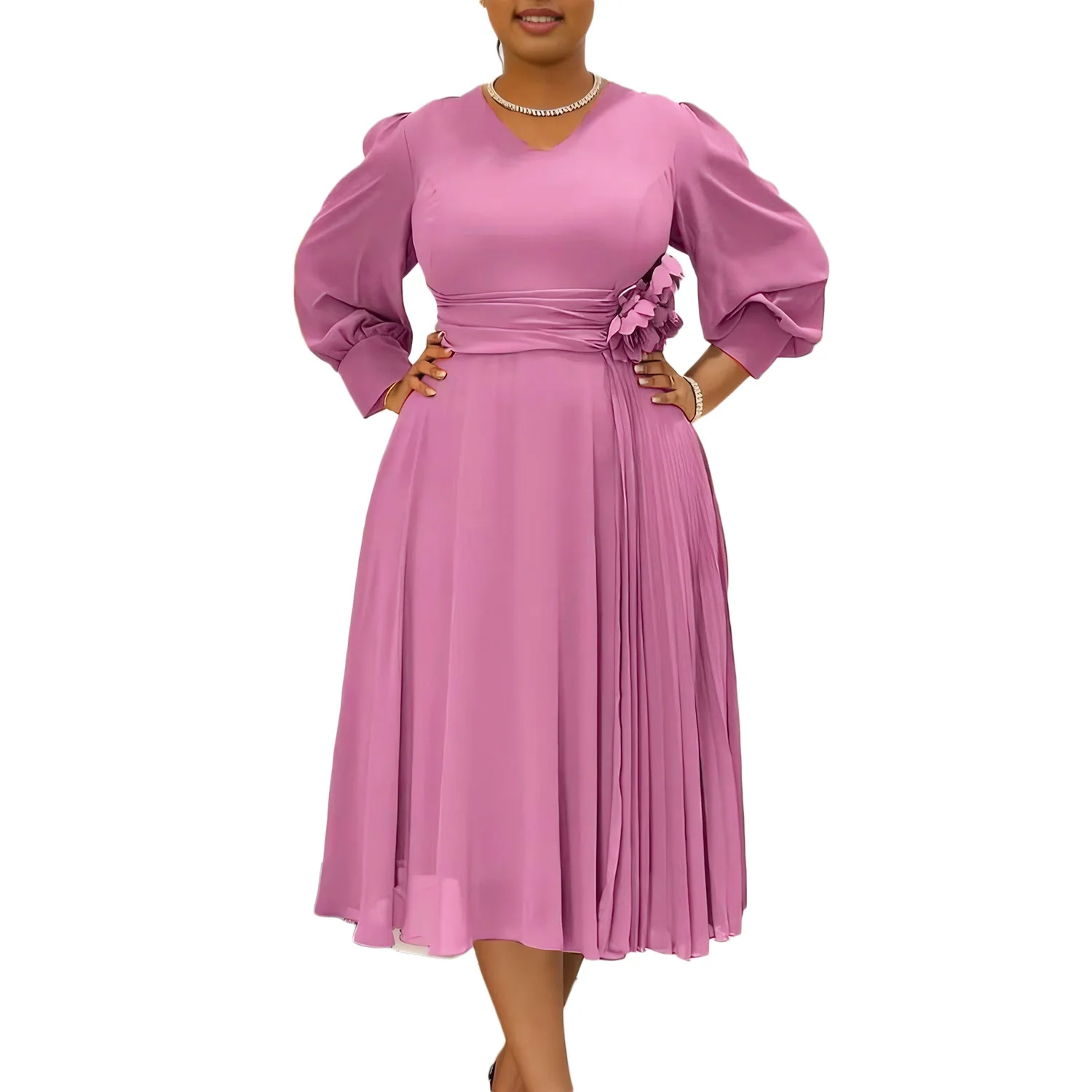 Dress Women Long Dresses Folds Vestidos V Neck Full Sleeve  Three-dimensional Flower Tight Waist Maxi Gown 2025 Summer A Line -  AliExpress 200000345