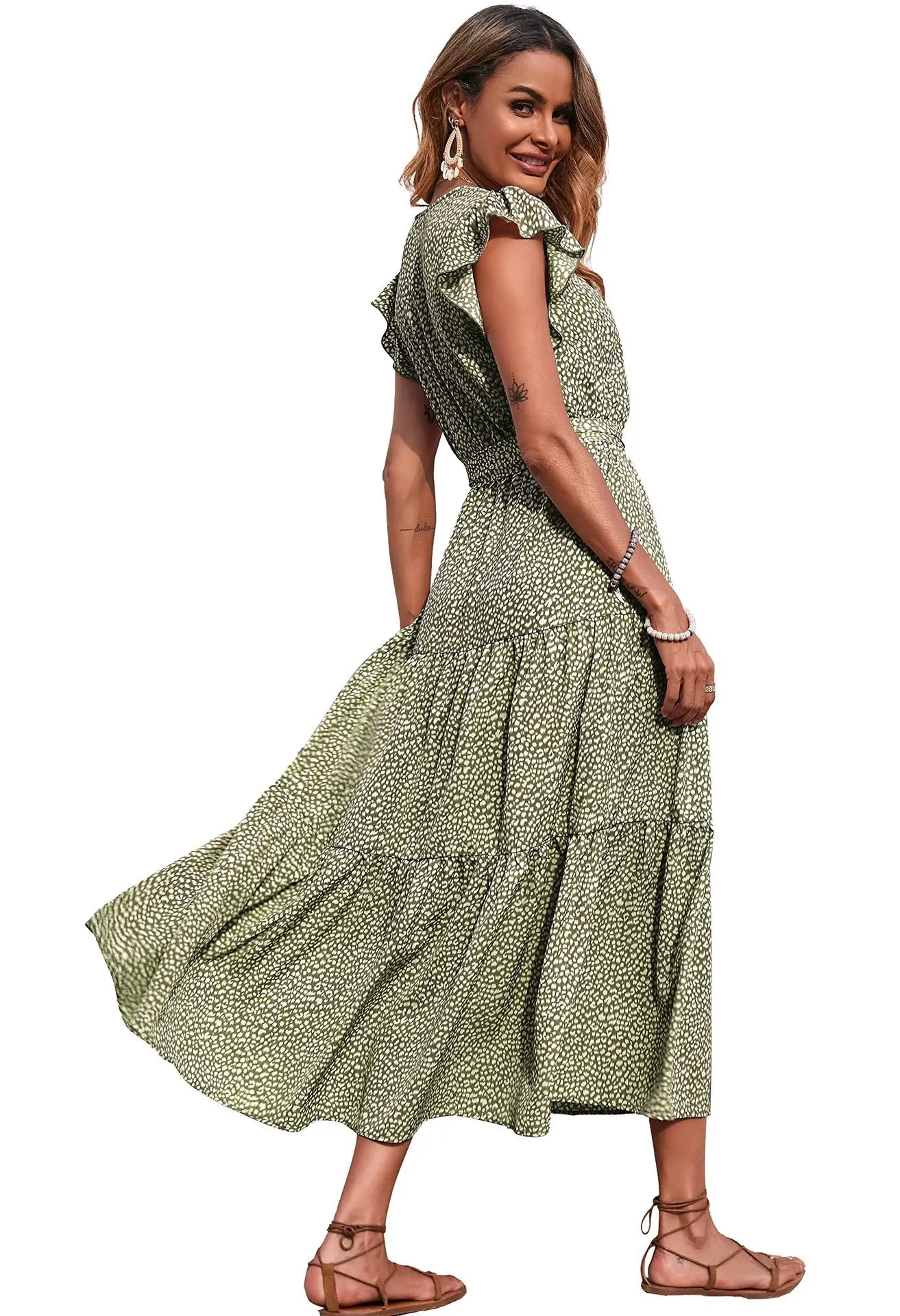 Verão floral envoltório com decote em v plissado a linha cinto em camadas estilo boêmio vestido elegante casual longo vestido floral para mulher