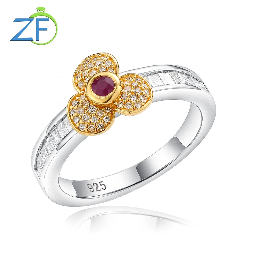 

GZ ZONGFA Genuine 925 Sterling Silve Clover Ring for Women Natural Ruby Diamond 1Carat Yellow Petals Wedding Party Fine Jewelry