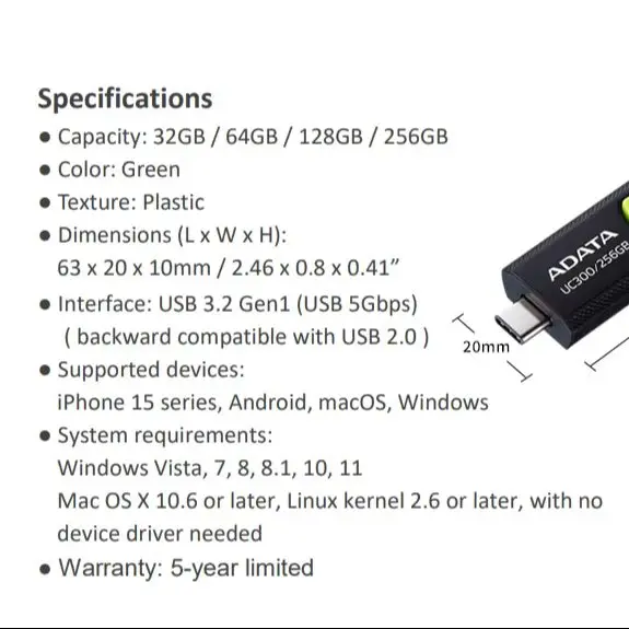 pen-drive-usb-tipo-c-adata-uc300-32gb-64gb-128gb-256gb-com-conector-retratil-deslizante-sem-tampa-e-furo-para-chaveiro