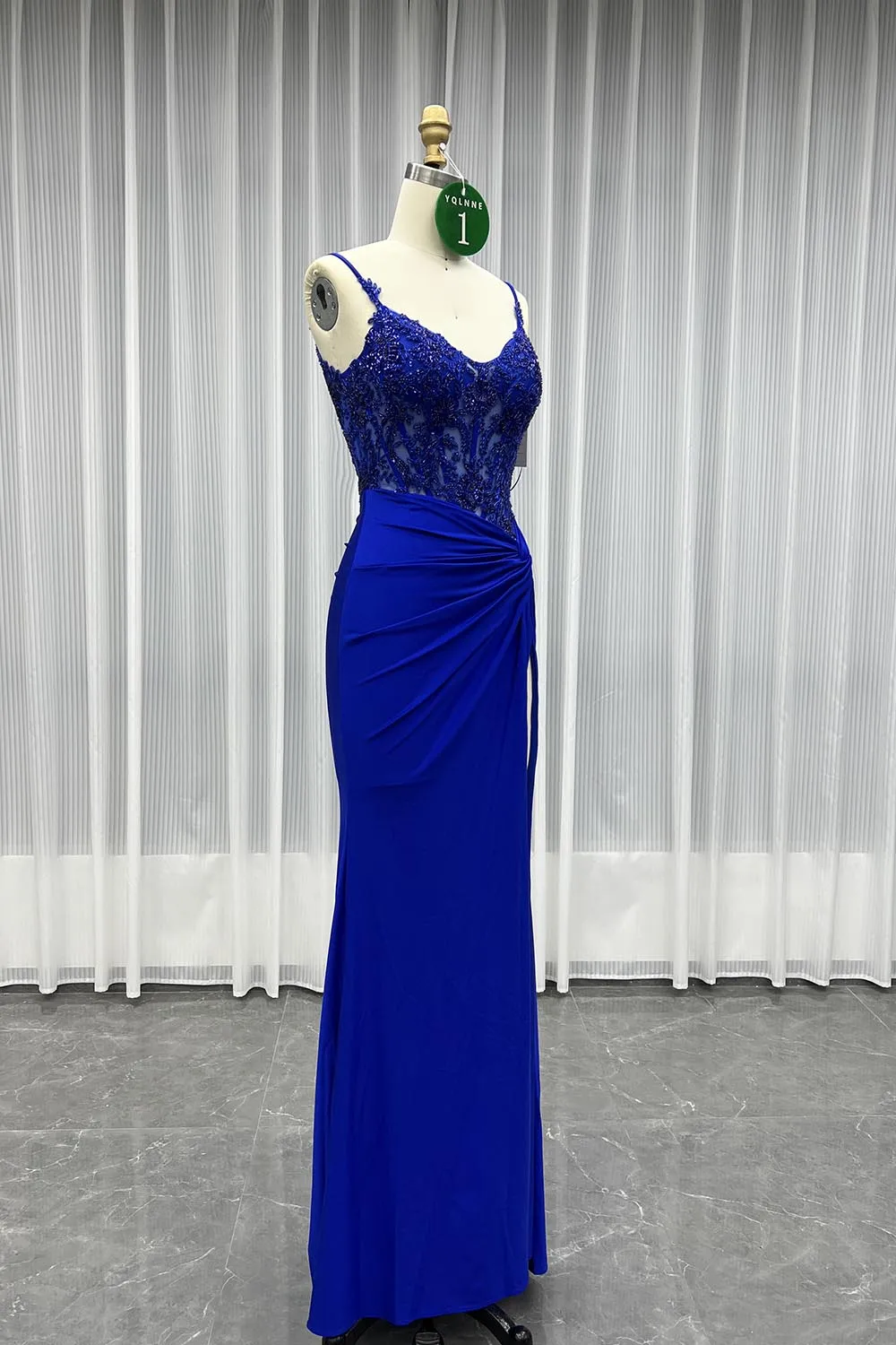 YQLNNE 01 Sexy marine fente longue robe de bal Spaghetti brodé perles sirène robe de soirée