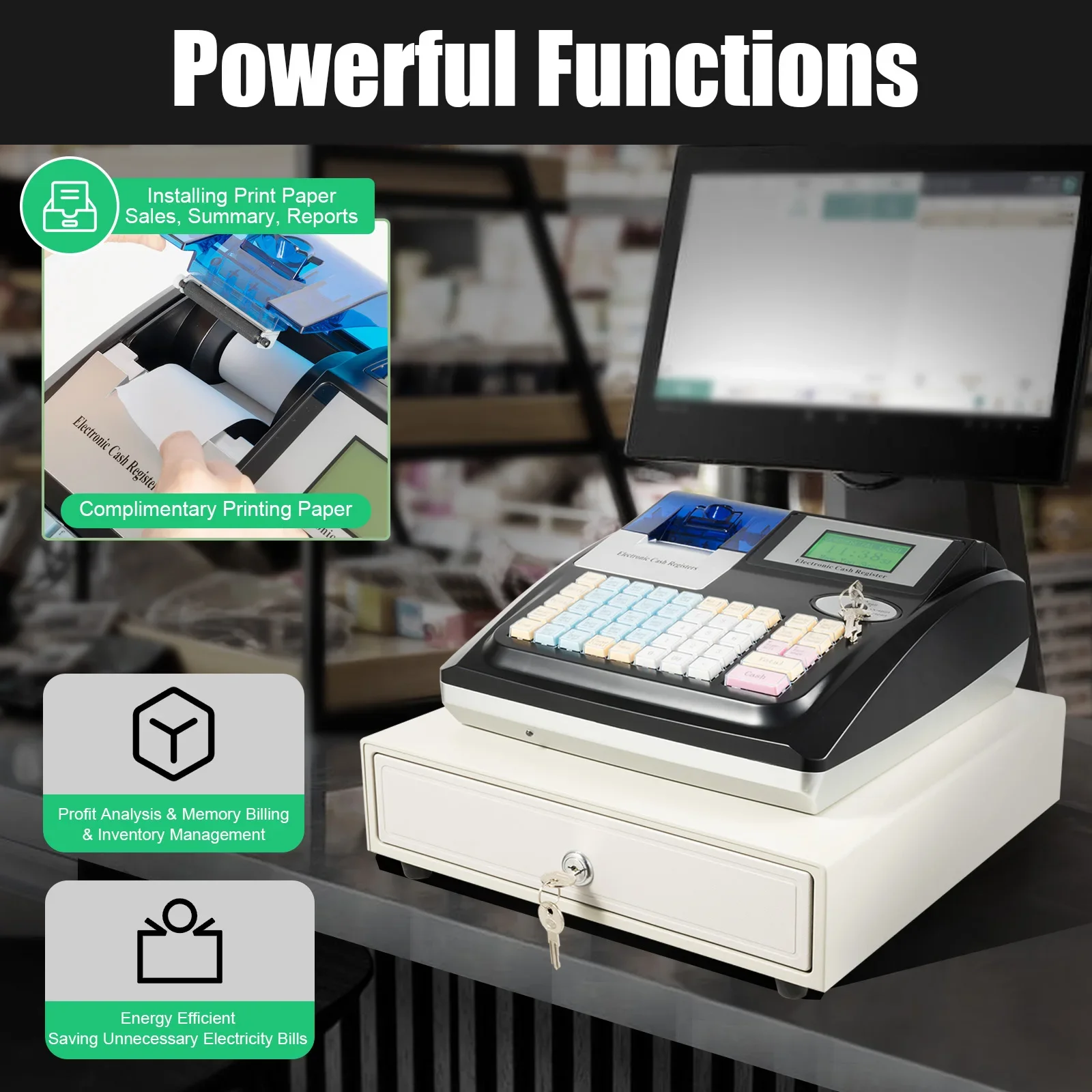 Electronic Cash Register High-Speed Thermal Printer Cash and Coin Drawer Compact Size Safe & Reliable Multiple Interfaces