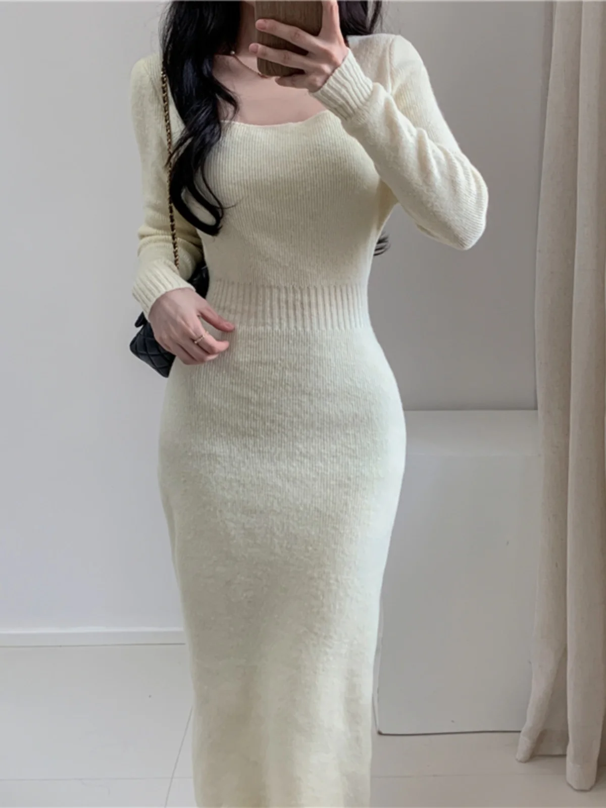 Emagrecimento de malha longa dr gola quadrada camada base camisola dr feminino outono inverno coreano sle cintura alta bodycon saia