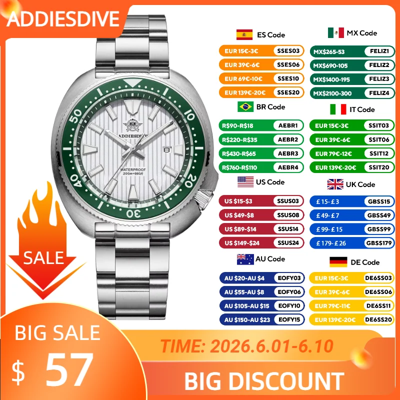 

ADDIESDIVE Men's Watches Luxury Stainless Steel Sapphire Crystal Quartz Watch for Men Luminous 20Bar Waterproof NEW Wristwatches