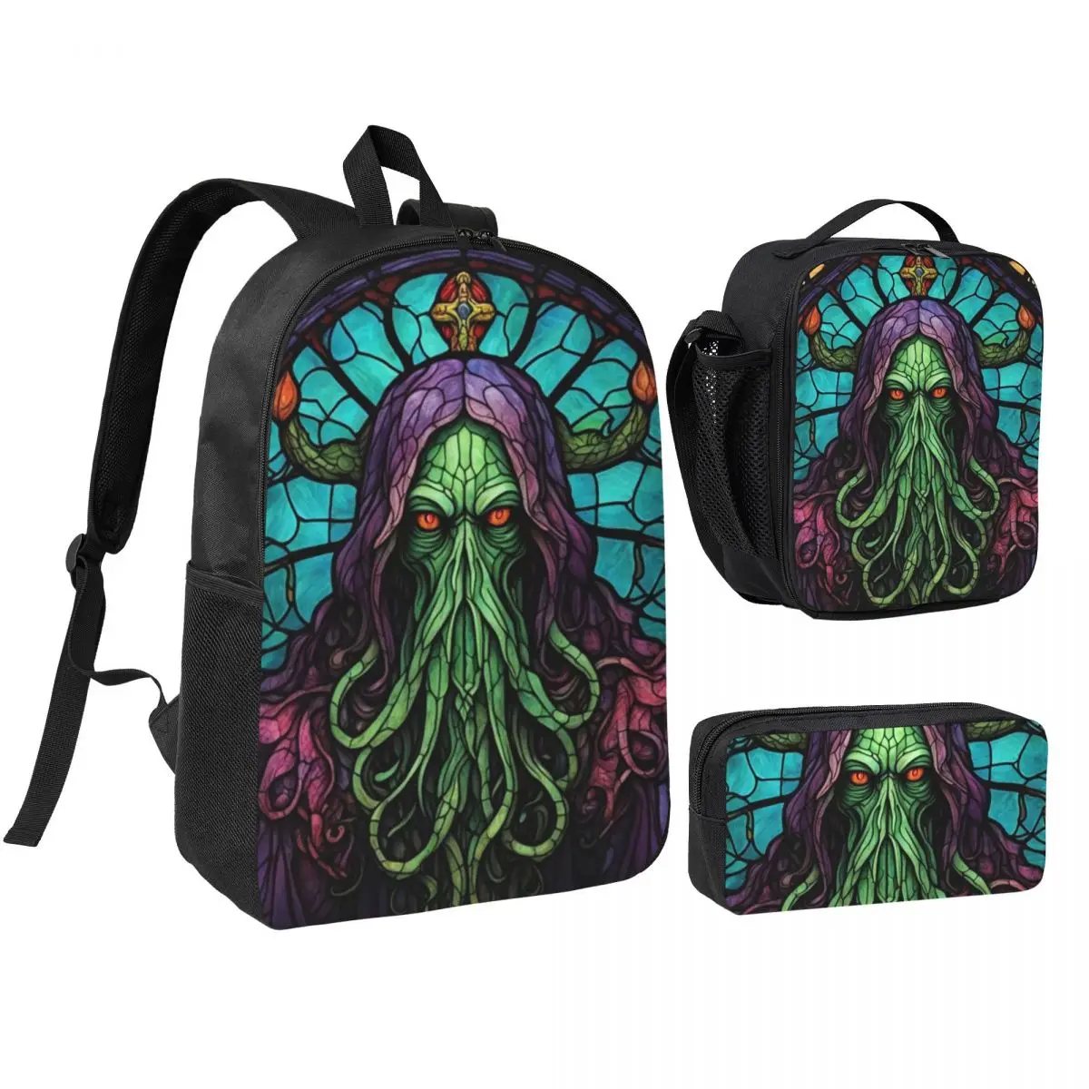 Cthulhu Stained Glass Tentacles Backpack Boys Girls BookBag School Bag Laptop Shoulder Bags 3ps Insulated Lunch Bag Pencil Case