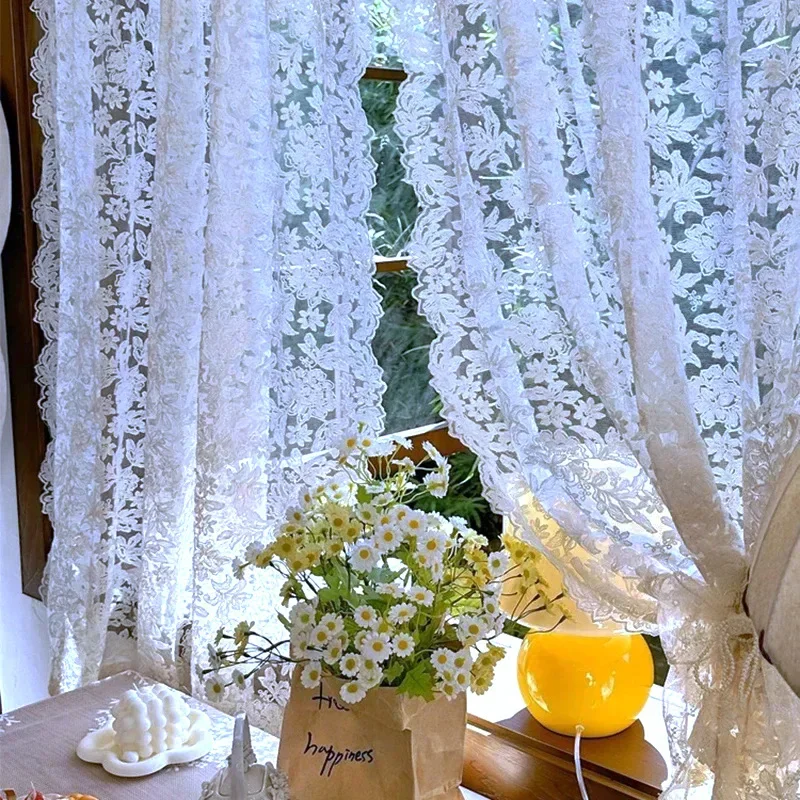 

French Vintage Cream Lace Curtains Embroidered Ruffled Wave Edge European Palace Beige/White Voile Divider for Home