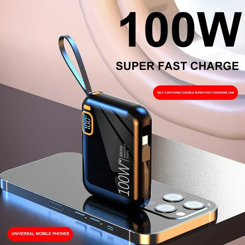 30000mah Portable Power Bank PD100W USB Detachable To TYPE C Cable Two-way Fast Charger Mini Powerbank For IPhone Xiaomi Samsung