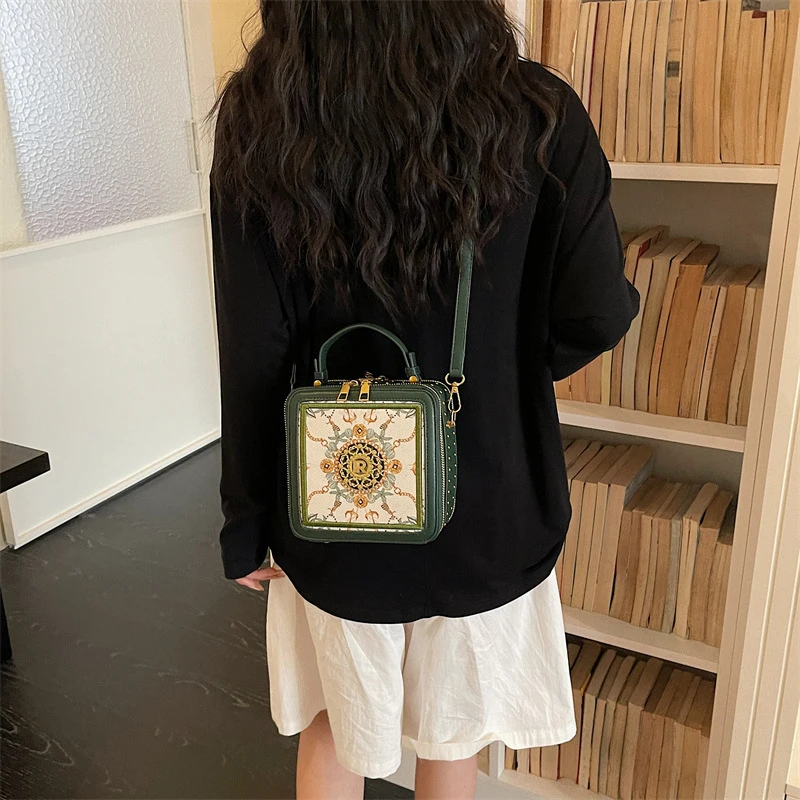 Exquisite bedruckte Umhängetasche, quadratische Damen-Box-Handtasche, Colorblock-Sling-Bag, Messenger-Tasche für den Arbeitsweg und zur Aufbewahrung von Kosmetika – Detail 10