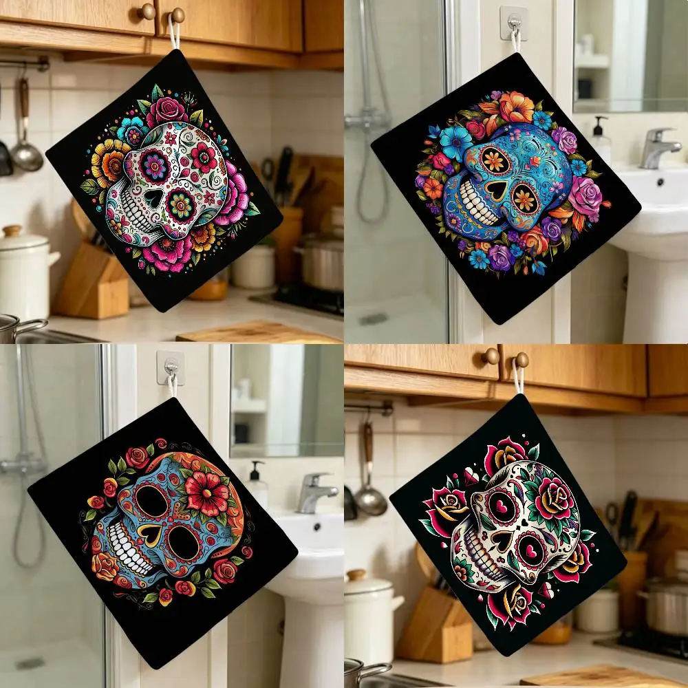 Halloween Sugar Skull Polyester Cotton Hanging Kitchen Towel Skin Friendly Hand Wiping Towel For Hotel Cafe Household
