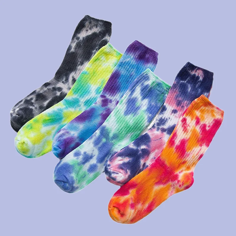 5/10 paia di calzini di cotone a tubo medio da donna nuovi calzini alla moda da donna di colore medio Tie-Dye a doppio ago di alta qualità